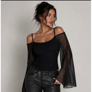 Orna Farho Paris Vintage Black Cold Shoulder Sheer Bell Sleeve Top France Fairy